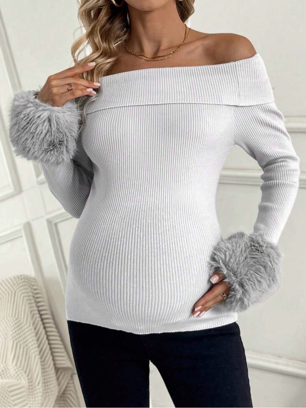Off-Shoulder Ribbed Sweater with Faux Fur Cuffs - White Maternity Furry Sweater